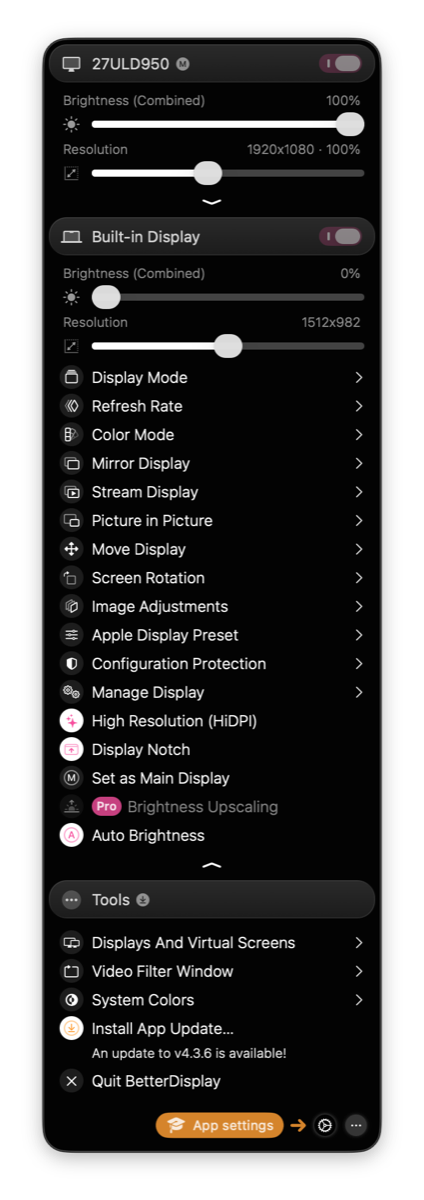 BetterDisplay 메뉴바 패널. 외장 모니터 27ULD950에 밝기 슬라이더가 붙어 있다